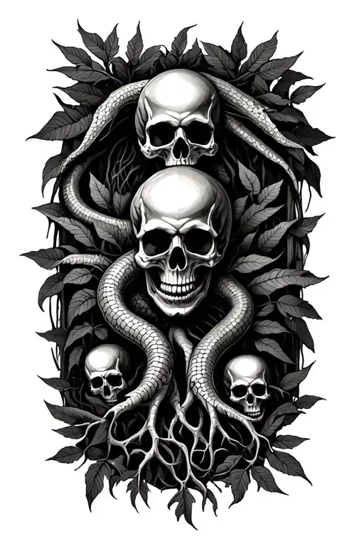 Scale As The Main Design With Skulls In Background And Surrounded By Leafy Roots