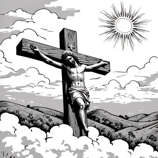 Jesus Christ On The Cross With A Sunny Hillside Background With Clouds And The Sun Shining Down