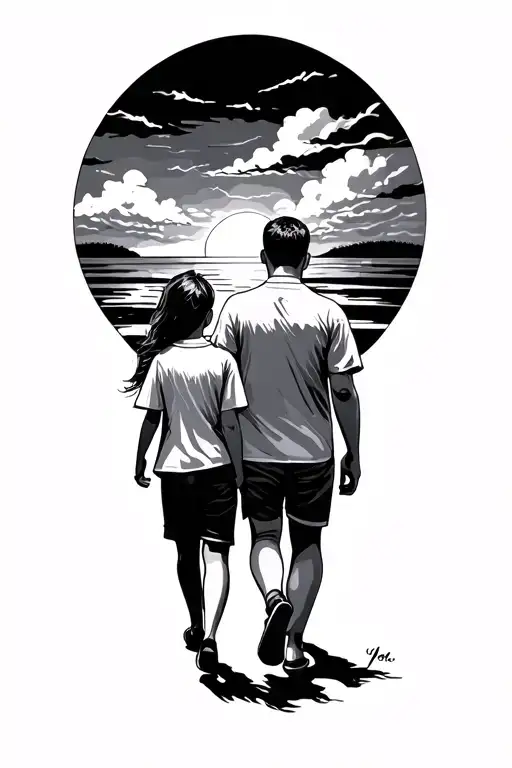 Dad And Daughter Walking To The Sunset With Clouds On To