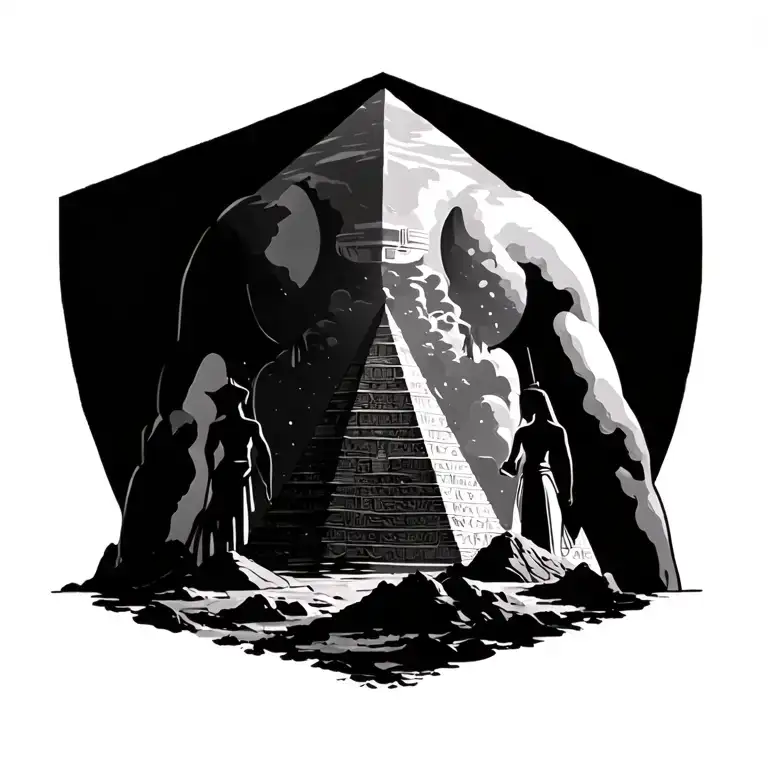 Ancient Egyptian Back Piece With Pyramid Landscape At The Bottom And Gods And Goddesses At The Top