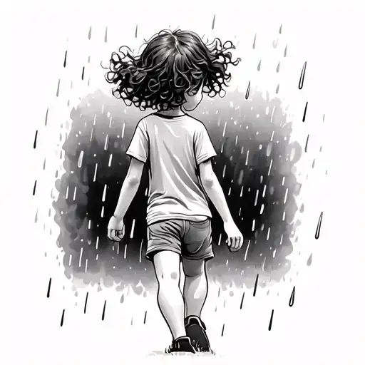 Back Of A Little Girl With Wild And Curly Hair Wearing A T-shirt And Shorts Playing In The Rain