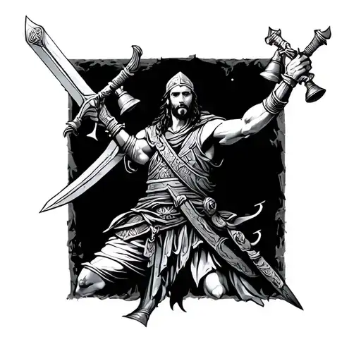 Ancient Biblical Warrior Holding Sword And Bells