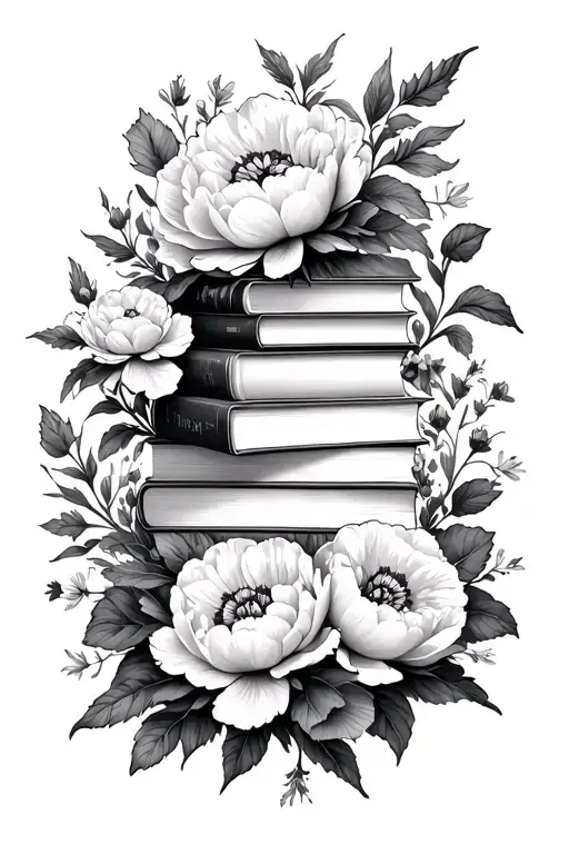 Stack Of Books Surrounded By Peonies And Wildflowers
