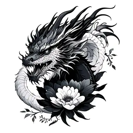 A Japanese Dragon And A Toger Are Inside Black Flowers