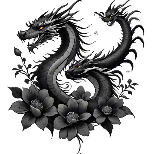 A Japanese Dragon And A Toger Are Inside Black Flowers