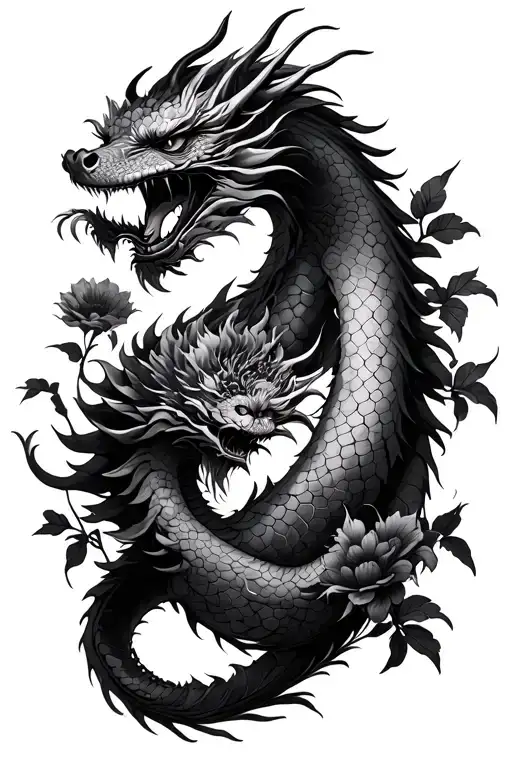 A Japanese Dragon And A Toger Are Inside Black Flowers