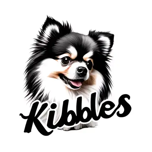 Pomeranian Dog With The Name Kibbles Written Inside