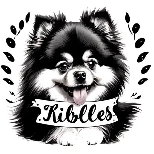Full Sleeve Tattoo Pomeranian Dog With The Name Kibbles Written Inside