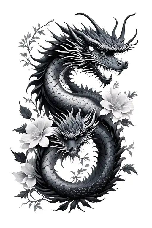 A Japanese Dragon And A Toger Are Inside Black Flowers