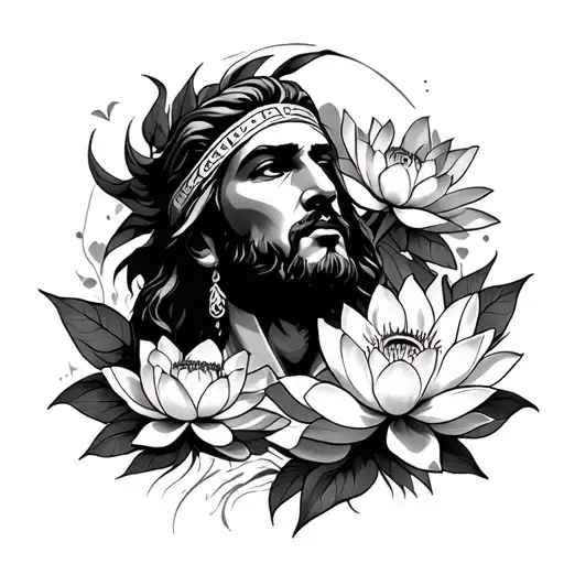 Fine Line Greek Kairos Character Surrounded By Lotus Flowers