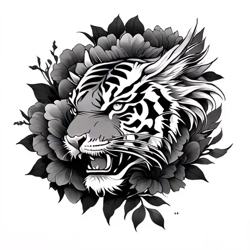 A Japanese Dragon And Tiger Inside Black Flowers