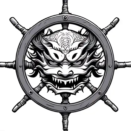 Ship Wheel And Japanese Demon Mask And Some Japanese Tatto Which Is Matching It