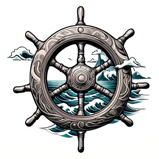 Ship Wheel And Sea Waves And Some Japanese Full Hand Tattoo Which Is Matching It