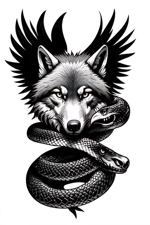 Snake Wrapped Around A Wolf And Eagle