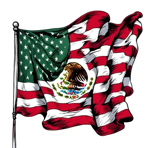 Mexican Flag Over A American Flag Waving