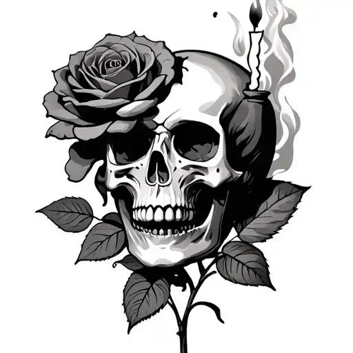 Skull Blooming Out Of Rose Growing Holding Candle Burning Smoke & Shade