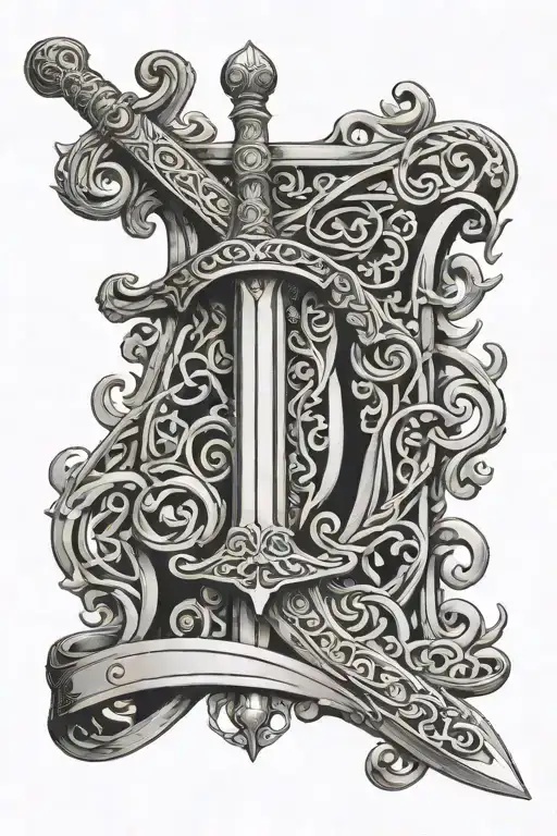 Sword In Celtic Scabbard Over Harpsichord Symbolizing Son And Daughter