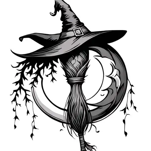 Witches Broom With Hat On Top With A Crescent Moon