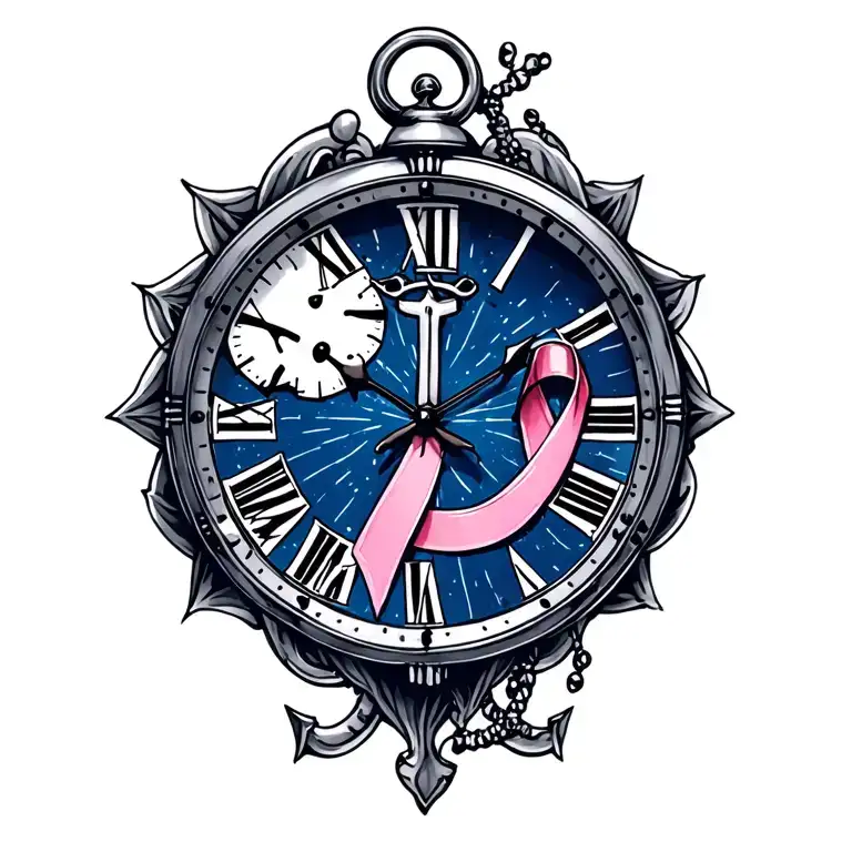 Memory Clock Face Tattoo With Navy Anchor And Cancer Awareness Ribbon