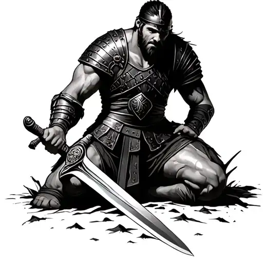 Gladiator Kneeling Hold A Sword That Is Stabbed In The Ground