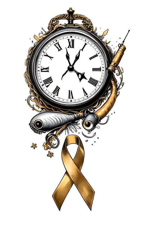 Memory Clock Face Tattoo With Fishing Rod And Gold Cancer Awareness Ribbon