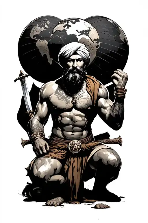 Sikh Warrior Kneeling With The Weight Of The Earth On His Back Make Him Have A Sword On His Hip