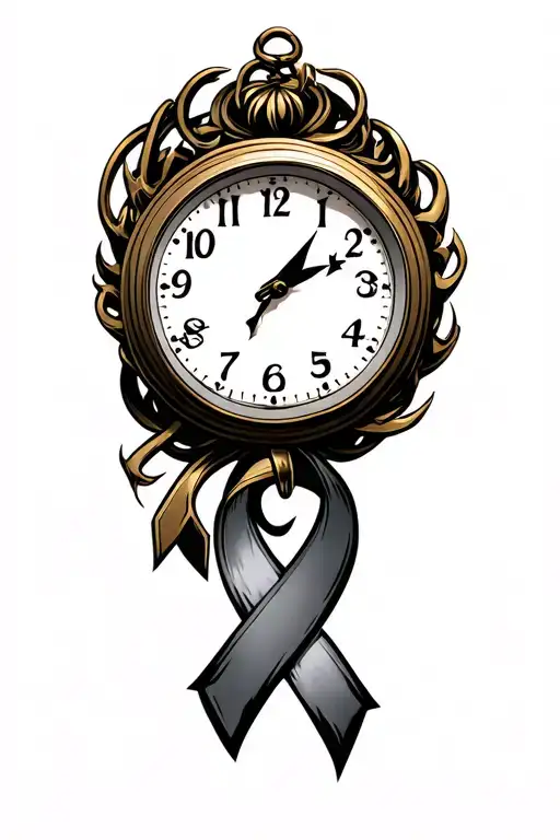 Memory Clock Face Tattoo With Fishing Hooks And Gold Cancer Awareness Ribbon