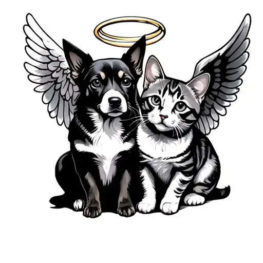 Dog Sitting With Halo And An Angel Wing With A Cat Sitting With A Halo And Angel Wing