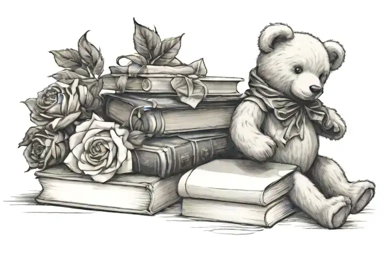 White Rose And Teddy Bear Sitting Next To Stack Of Books