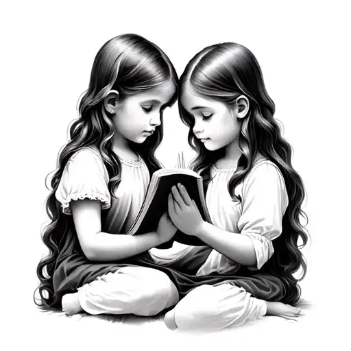 Little Girl Reading And Little Girl Praying Sisters Realism Black And White
