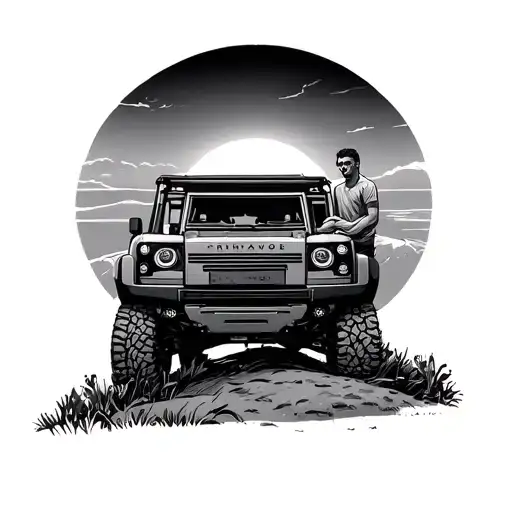 A Landrover 90 Parked On A Hill With A Man Leaning On The Front Of It Looking Over A Sun Set