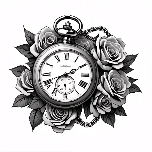 A Pocket Watch With A Chain Laying On A Bed Of Roses