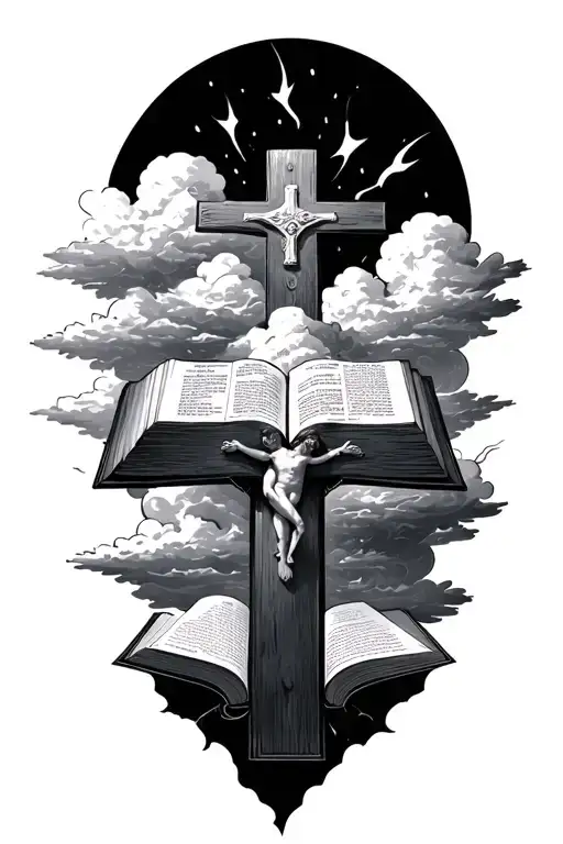 Clouds Surrounding Cross And Bible With Verses Falling Of The Bible