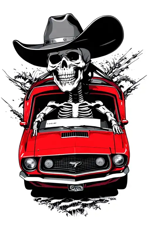 A Skeleton With A Cowboy Hat Driving In A Red 1969 Ford Mustang