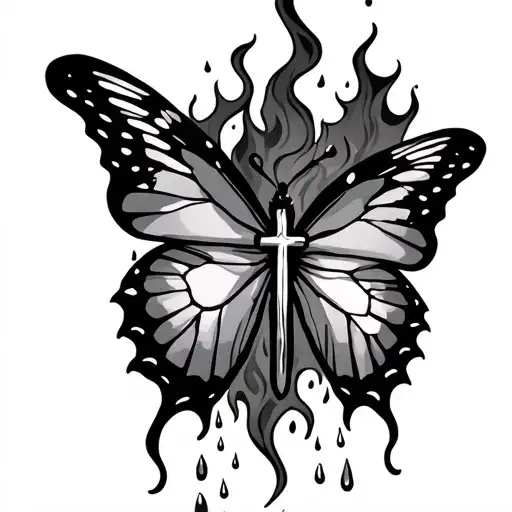Cover Up Butterfly With Cross Instead Of Body Smokey Flames With Rainstorm