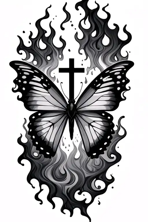 Cover Up Butterfly With Cross Instead Of Body Smokey Flames With Rainstorm