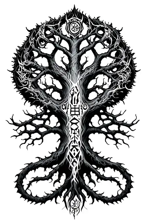 Yggdrasil Tree In Center With Nidhogg And Runes