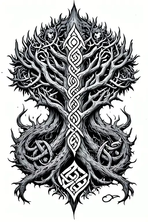 Yggdrasil Tree In Center With Nidhogg And Runes And Knot Work Vambrace