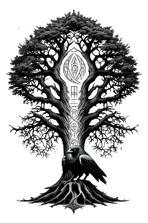 Yggdrasil Tree In Center With Nidhogg And Runes A Raven Sitting