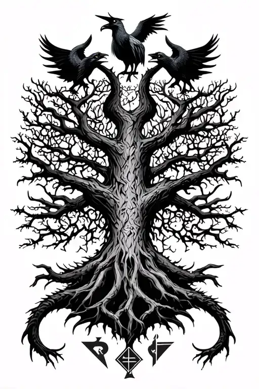 Yggdrasil Tree In Center With Nidhogg And Runes A Raven Sitting And A Wyrm