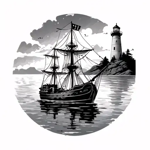 Small Ship On The Water With A Lighthouse In The Distance