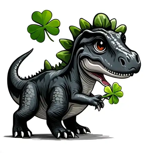 Cute Dino Cartoon Holding A Four Leaf Clover Leaf