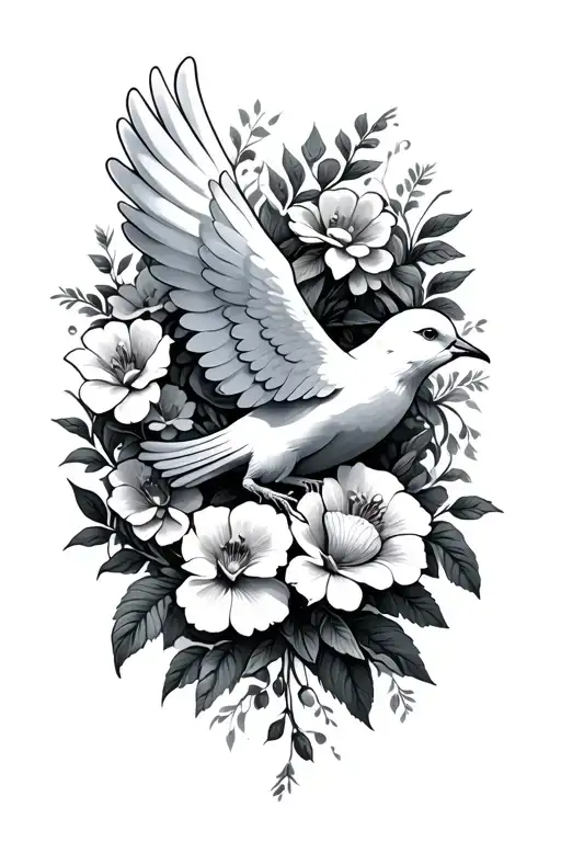 Flowers Blooming Around A Dove Open Wings