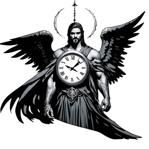 Warrior Man Angel With Clock Benind