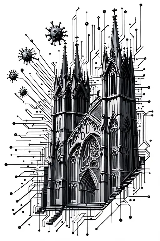 Gothic Cathedral Trasitioning Into A Circuitboard Spreading Like Virus