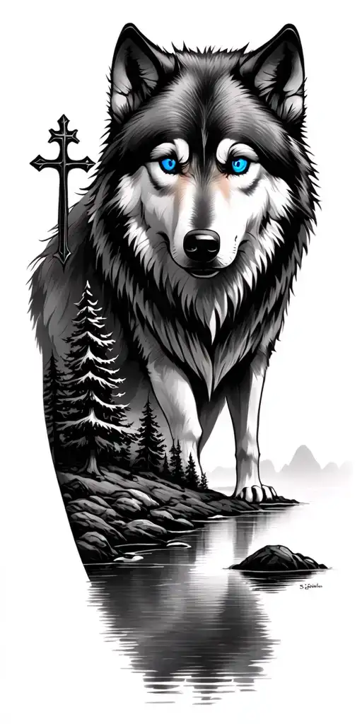 Blue Eye Wolf With Cross And Trees With A Creek