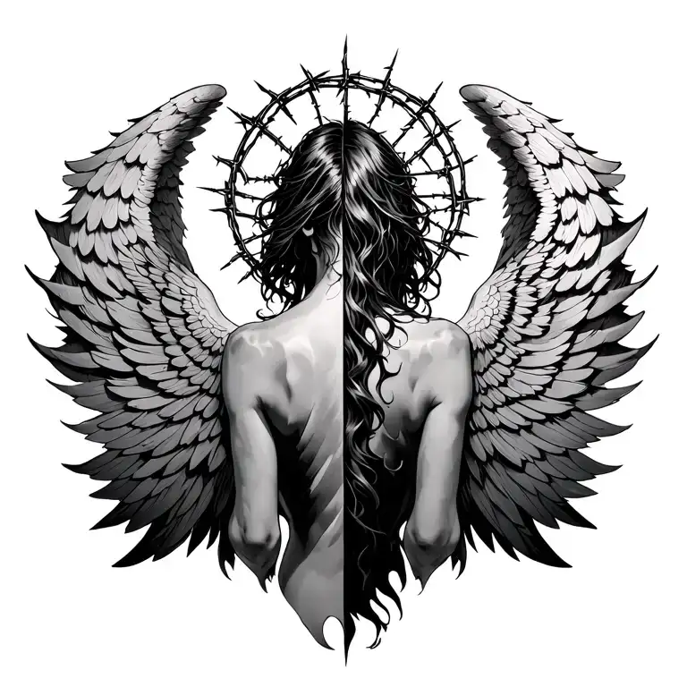 Half Angel Half Demon Wings On The Back With A Halo Made Of Barbed Wire