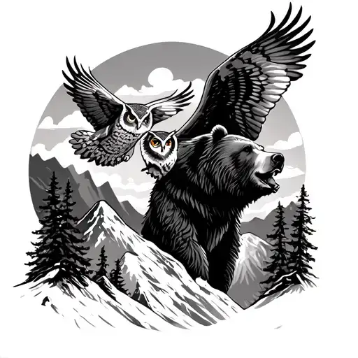 Bear With Owl Flying Over A Mountain Range
