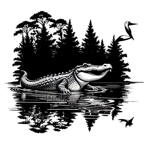 Alligator Swimming Through Swamp With Cypress Trees And A Pelican