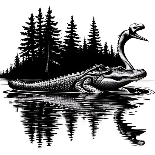 Alligator Swimming Through Swamp With Cypress Trees And A Pelican